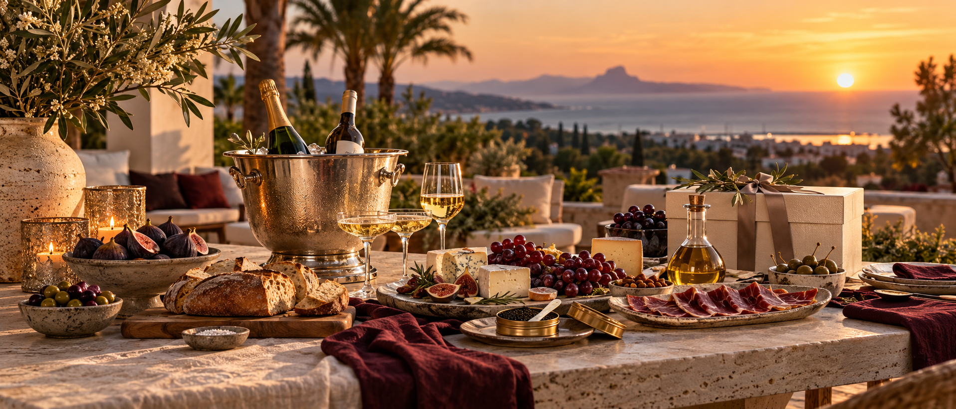 Illustrative Mediterranean terrace with fine food, wine and a gift hamper for DELIGOODS