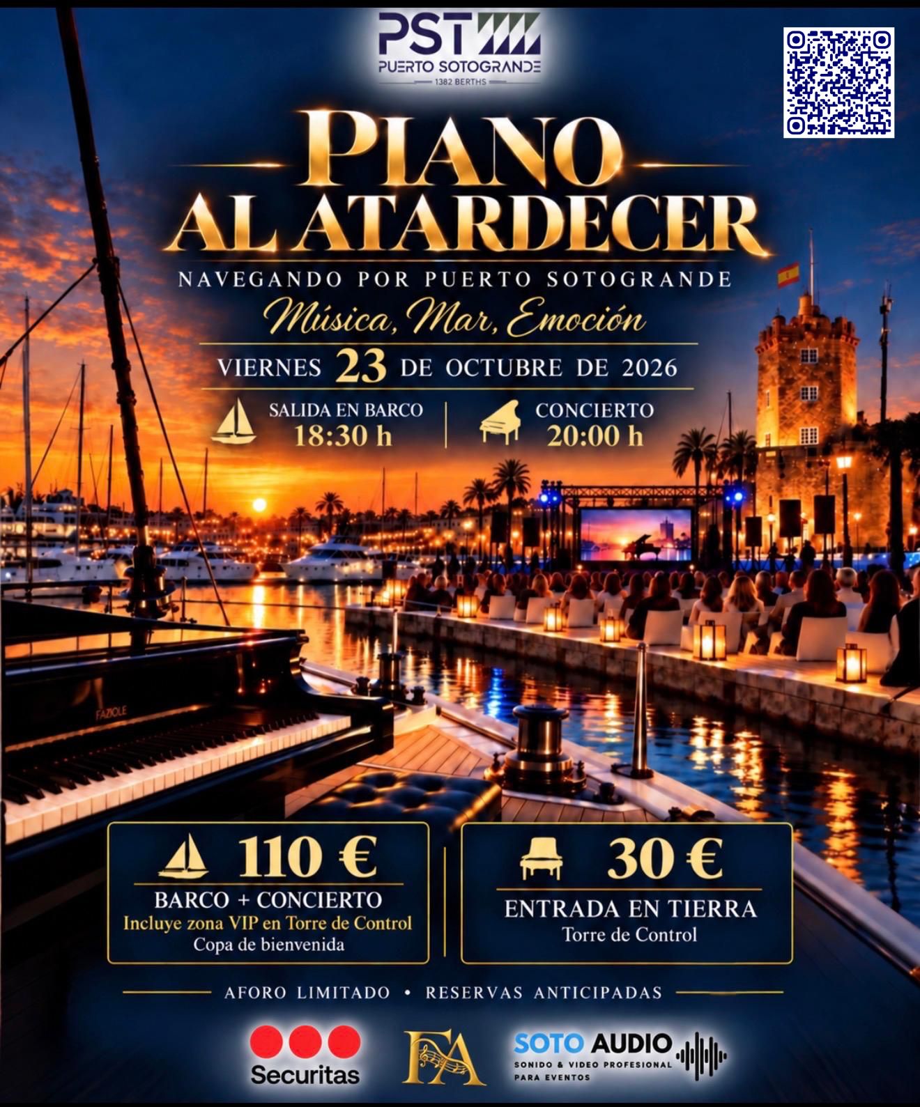Piano al Atardecer event poster, 23 October 2026: boat at 18:30 and concert at 20:00.